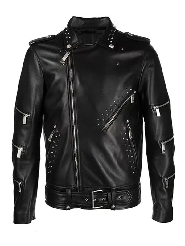 Men's Biker Black Studded Leather Jacket
