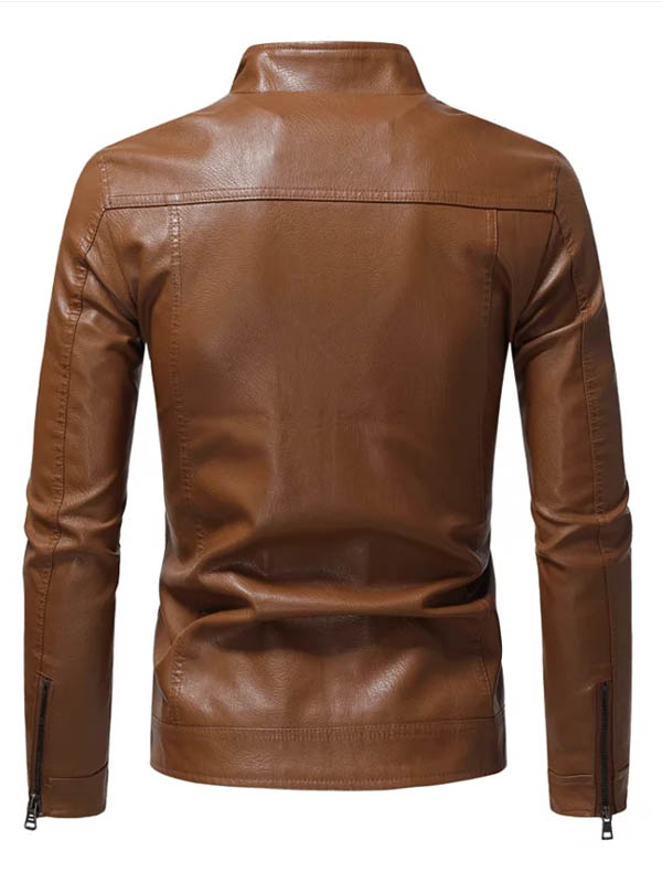 Men Slimfit Stand Collar Flap Pocket Leather Jacket