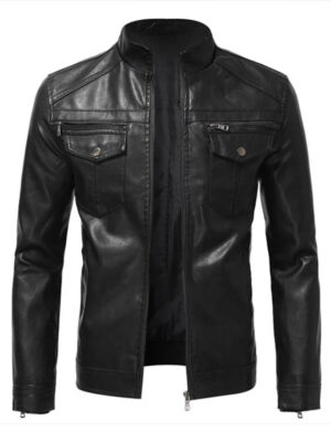Men Slimfit Stand Collar Flap Pocket Leather Jacket