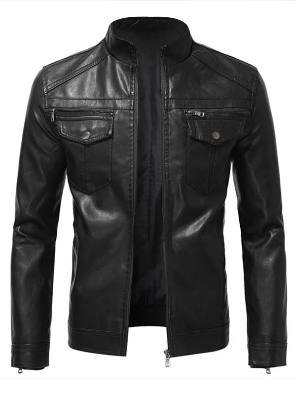 Men Slimfit Stand Collar Flap Pocket Leather Jacket