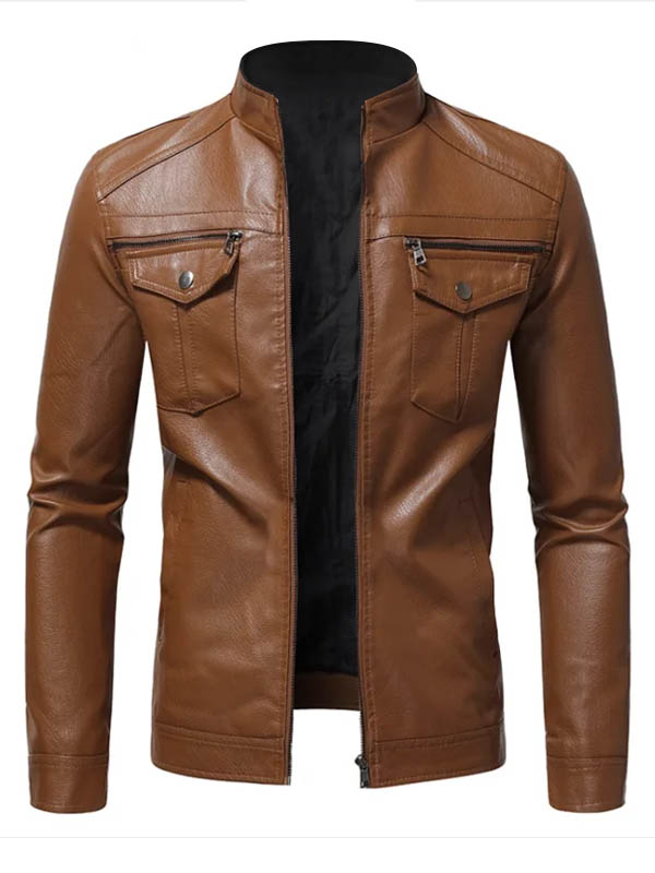 Men Slimfit Stand Collar Flap Pocket Leather Jacket
