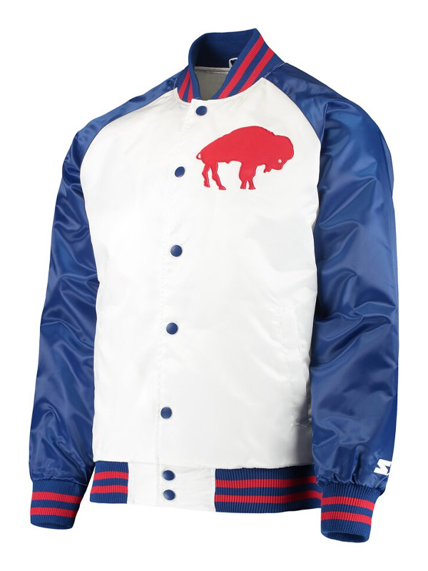 Men Starter Buffalo Bills White Satin Bomber Jacket