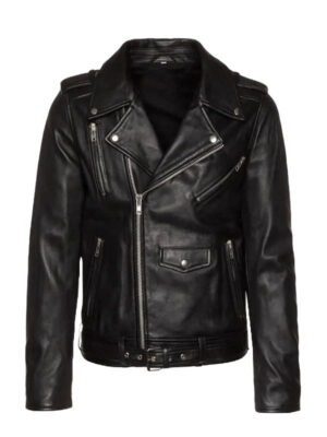 Mens Black Asymmetrical Belted Moto Jacket
