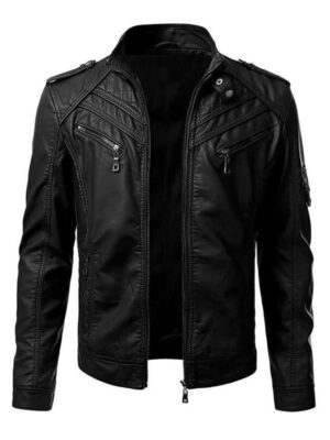 Mens Black Leather Biker Slim Fit Jacket