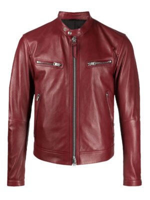Mens Casual Motorcycle Biker Red Leather Jacket