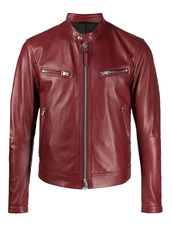 Mens Casual Motorcycle Biker Red Leather Jacket