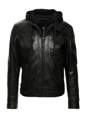 Mens Removable Hooded Black leather Jacket