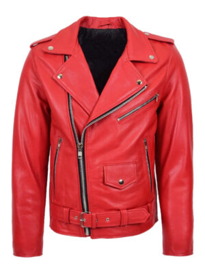 Mens Zipper Motorcycle Red Leather Jacket