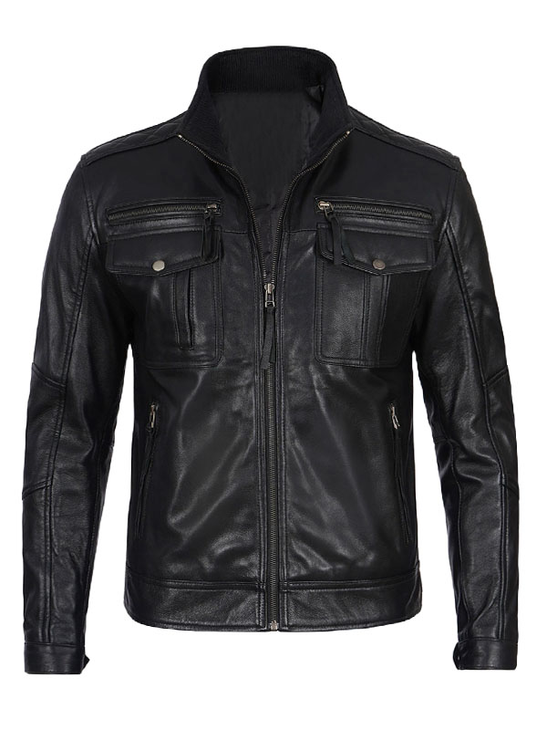 Moffit Mens Cafe Racer Black Leather Jacket