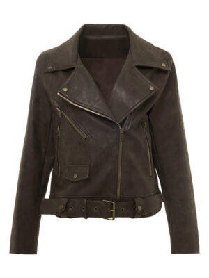 Women Belted Zipper Style Tan Leather Jacket