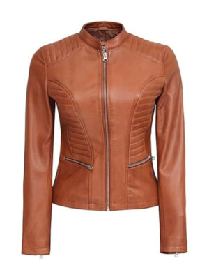 Women Slimfit Biker Tan Leather Jacket