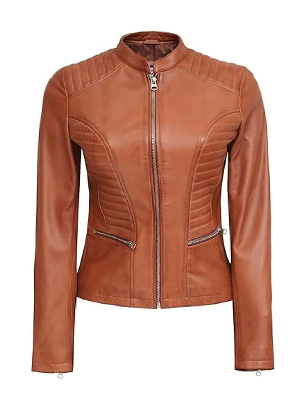 Women Slimfit Biker Tan Leather Jacket