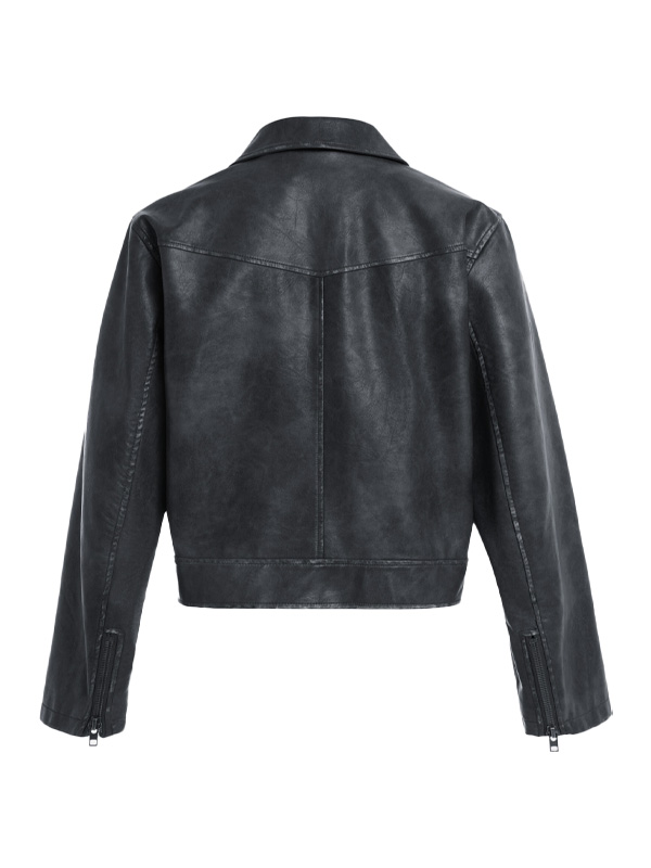 Women Distressed Shirt Collar Black Jacket