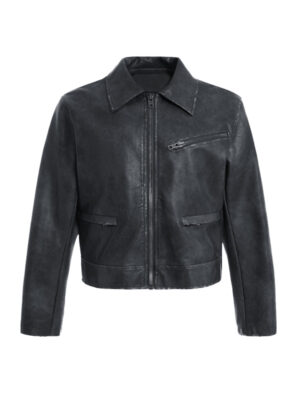 Women Distressed Shirt Collar Black Jacket