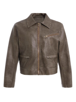Women Distressed Shirt Collar Brown Jacket
