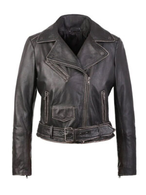 Women Distressed Short Body Biker Leather Jacket