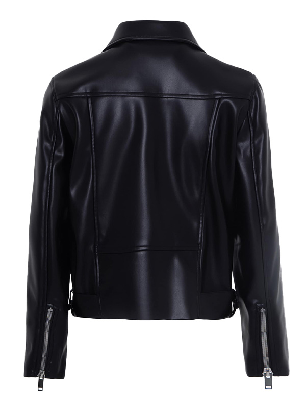 Women Zipper Belted Style Black Leather Jacket