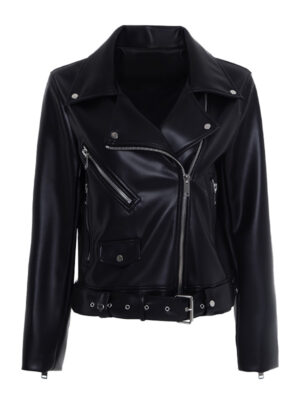 Women Zipper Belted Style Black Leather Jacket