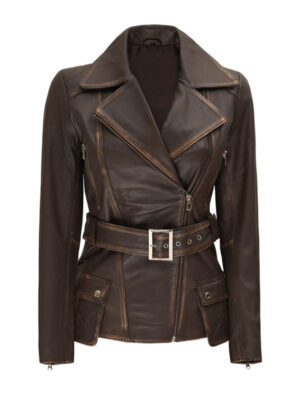 Women's Asymmetrical Belted Leather Coat