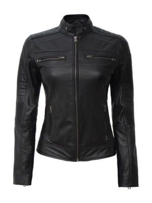 Women's Black Cafe Racer Leather Biker Jacket