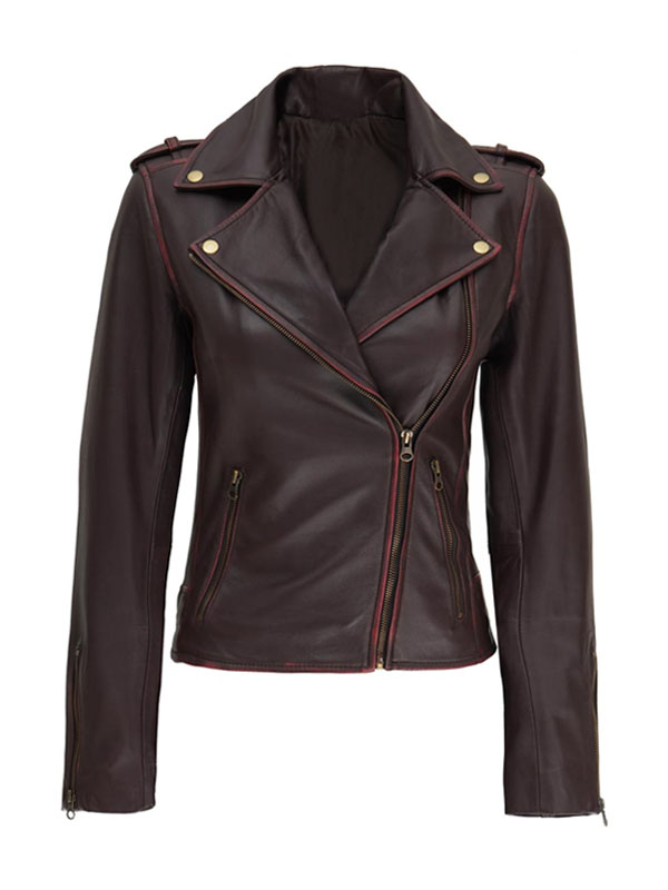 Women’s Brown Motorcycle Biker Asymmetrical Leather Jacket