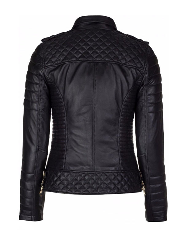 Women's Quilted Motorcycle Biker Black Leather Jacket