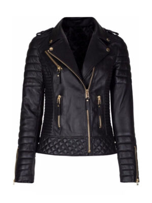 Women's Quilted Motorcycle Biker Black Leather Jacket