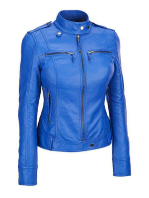 Women's Royal Blue Zipper & Pocket Leather Jacket