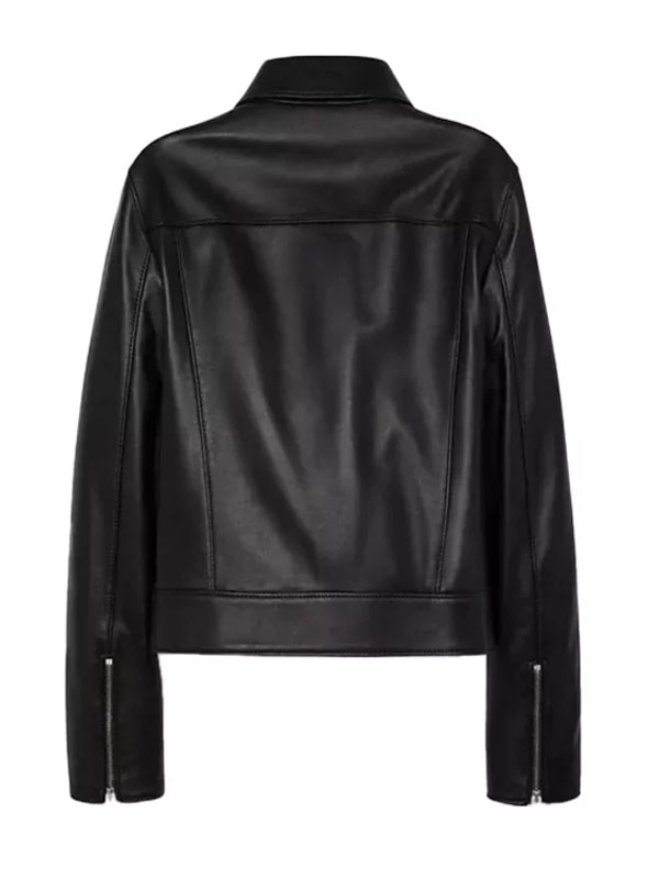 Women's Shirt Collar Biker Leather Black Jacket