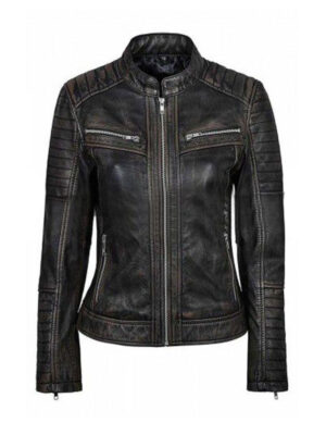 Women's Slimfit Distressed Black Cafe Racer Jacket