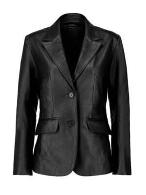 Women's Two Buttoned Black Leather Blazer