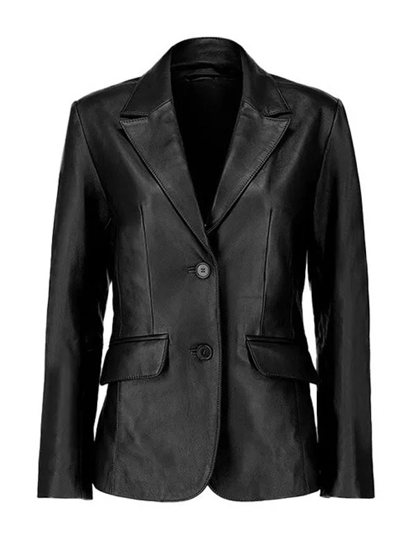 Women's Two Buttoned Black Leather Blazer