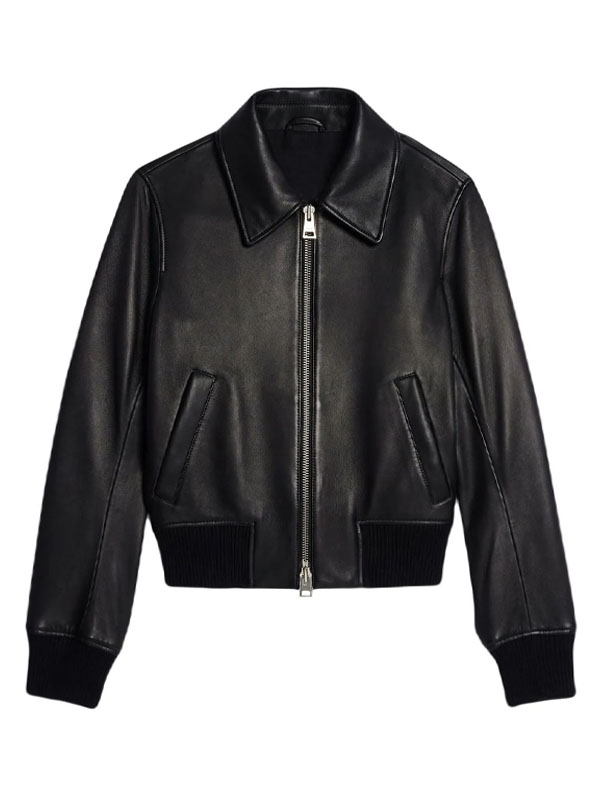 Woman's AMI Paris Shirt Collar Black Leather Jacket