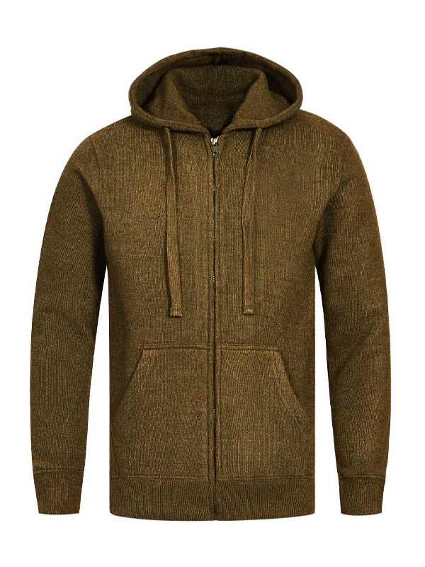 Plain Casual Zipper Unisex Brown Hoodie