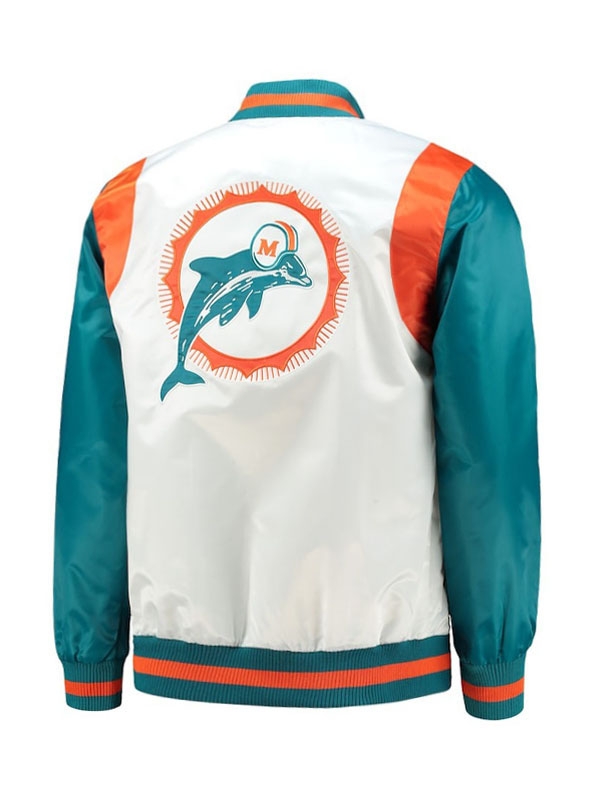 Starter White Aqua Miami Dolphins Varsity Satin Jacket