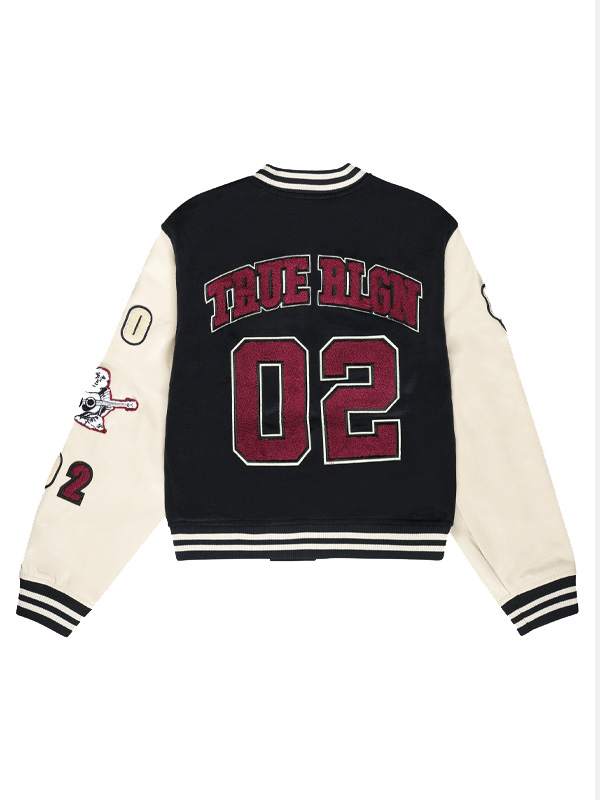 True Religion Letterman Black White Bomber Jacket