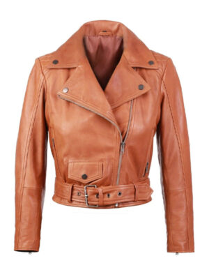 Woman's Cross Zipper Short Body Tan Leather Jacket