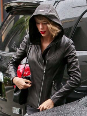 Taylor Swift Slimfit Black Leather Hooded Jacket