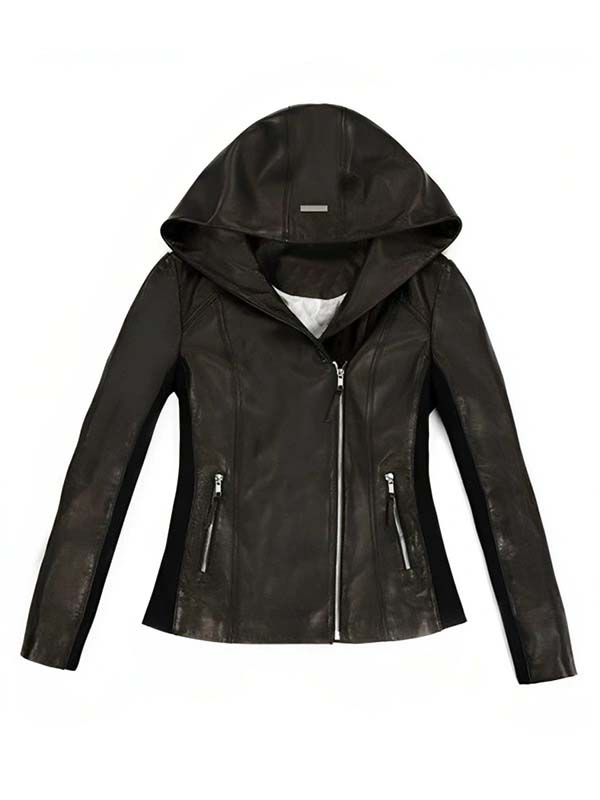 Taylor Swift Slimfit Black Leather Hooded Jacket