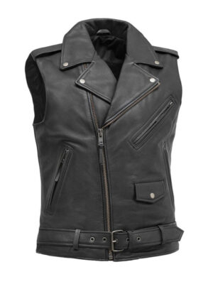 Men's Belted Style Black Leather Biker Vest