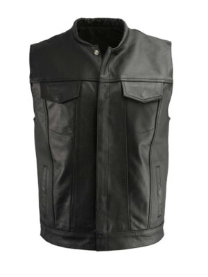 Men's Biker Club Flap Pocket Black Leather Vest