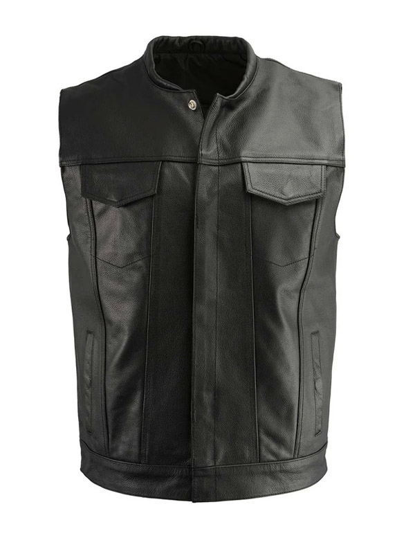 Men's Biker Club Flap Pocket Black Leather Vest