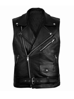 Men's Biker Cross Zipper Belted Black Leather Vest