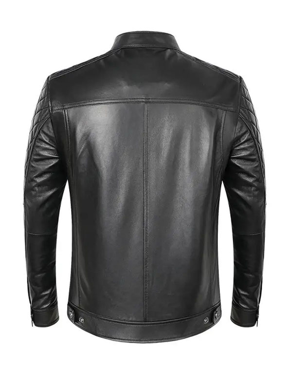 Men's Biker Quilted Shoulder Black Leather Jacket