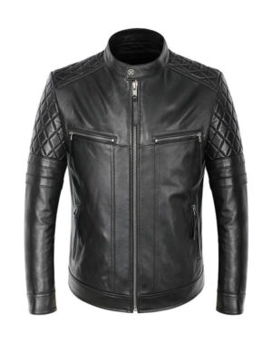 Men's Biker Quilted Shoulder Black Leather Jacket