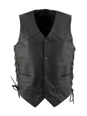 Men's Black Sheepskin Leather Biker Lace Up Vest