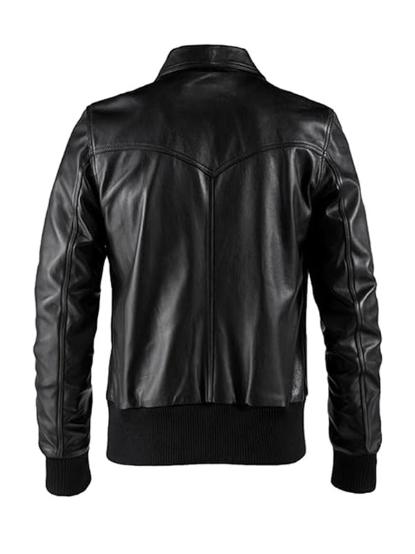 Men's Bomber Style Shirt Collar Black Leather Jacket