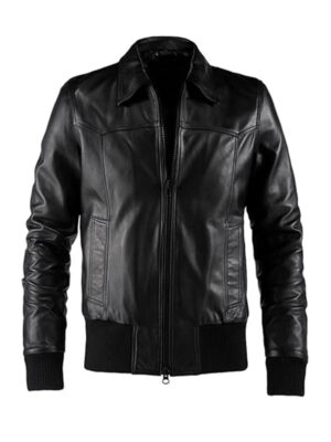Men's Bomber Style Shirt Collar Black Leather Jacket