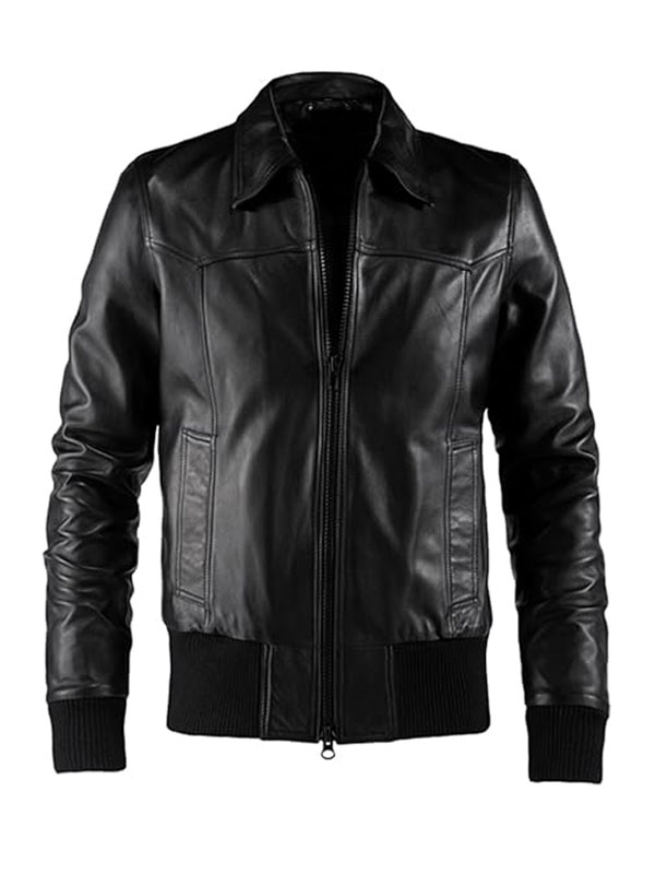 Men's Bomber Style Shirt Collar Black Leather Jacket