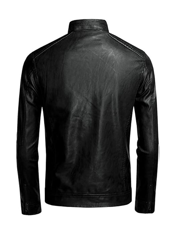 Men’s Casual Biker Stand Collar Black Leather Jacket